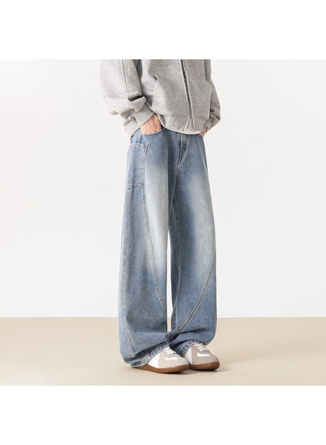 Izexx Vintage Washed Straight Leg Jeans Men Spring High Street Loose Curved Blade Pants Jz25 Light Blue M - Image 2
