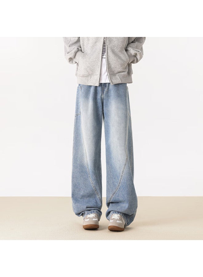 Izexx Vintage Washed Straight Leg Jeans Men Spring High Street Loose Curved Blade Pants Jz25 Light Blue M - Image 4