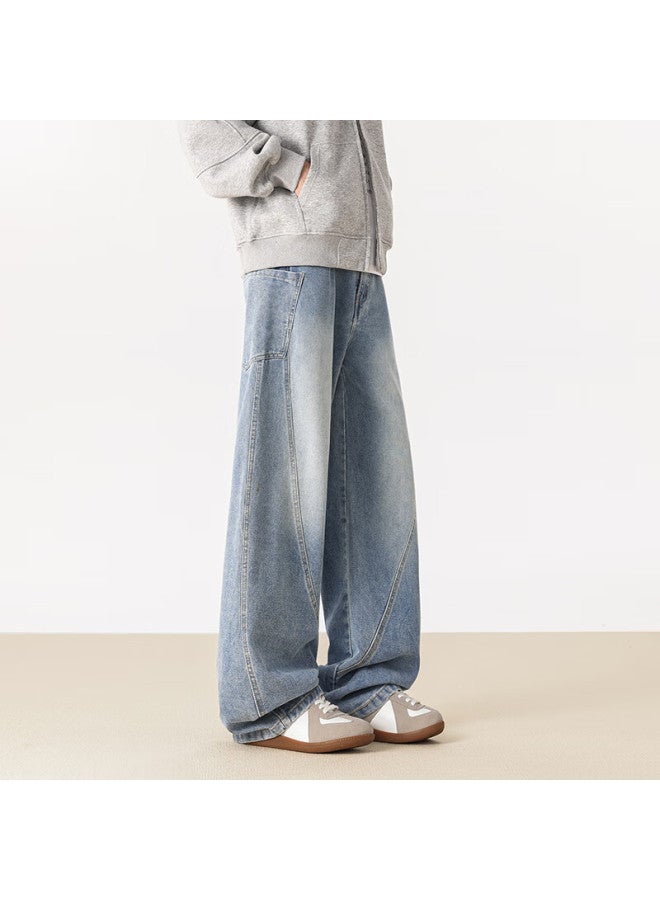 Izexx Vintage Washed Straight Leg Jeans Men Spring High Street Loose Curved Blade Pants Jz25 Light Blue M - Image 5