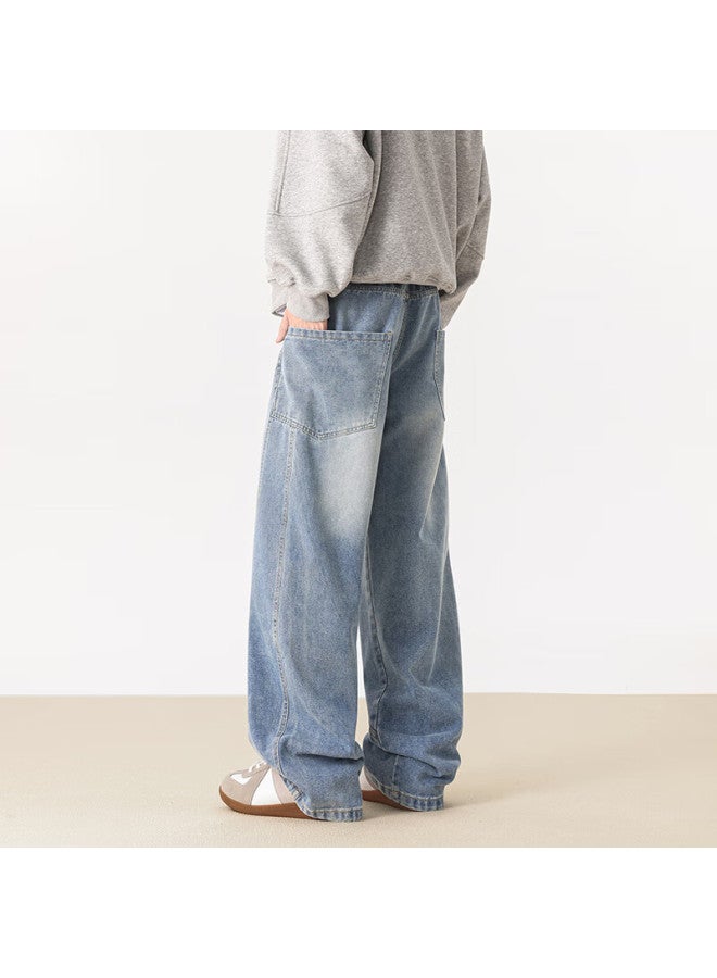 Izexx Vintage Washed Straight Leg Jeans Men Spring High Street Loose Curved Blade Pants Jz25 Light Blue M - Image 3