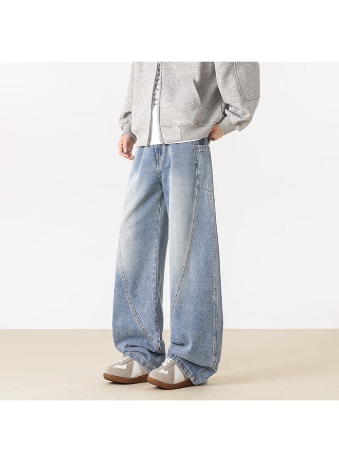 Izexx Vintage Washed Straight Leg Jeans Men Spring High Street Loose Curved Blade Pants Jz25 Light Blue M - Image 1