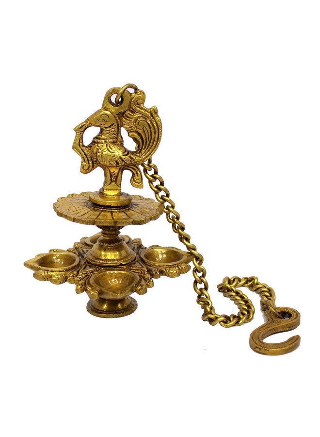 ESPLANADE Brass Peacock Design 4 Oil Wick Diya Deepam Kuthu Vilakku Oil Lamp For Temple Home | Pooja Articles Home Decor | Golden 6" Inches - Image 1