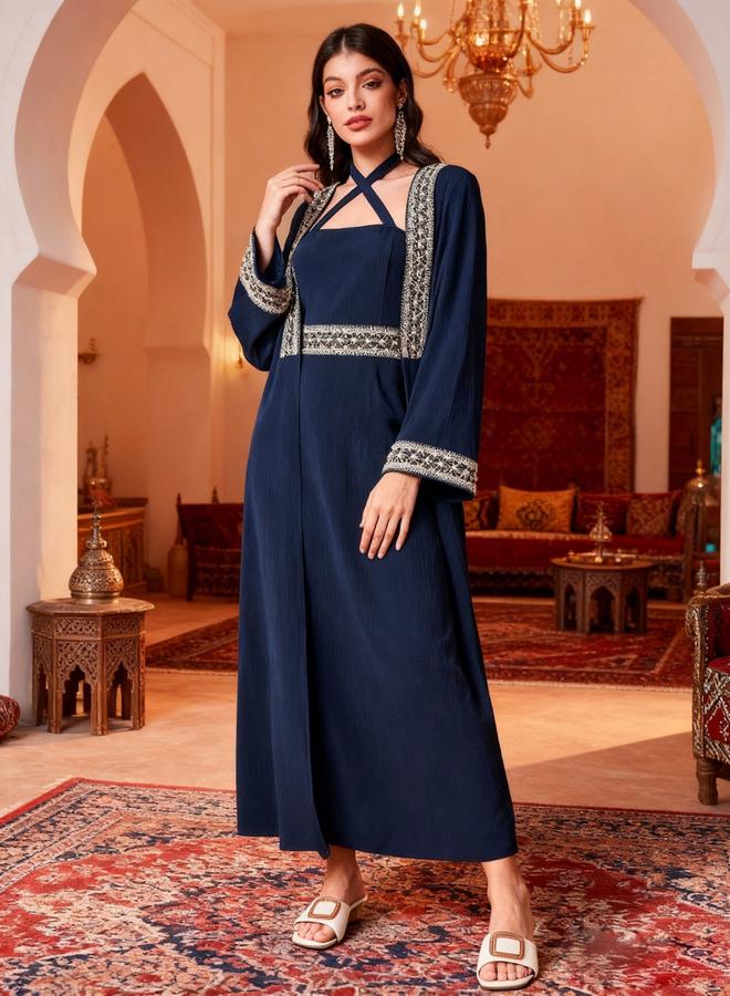 Take Two Navy Blue Embroidered Abaya with Dress Modest Set - Image 1
