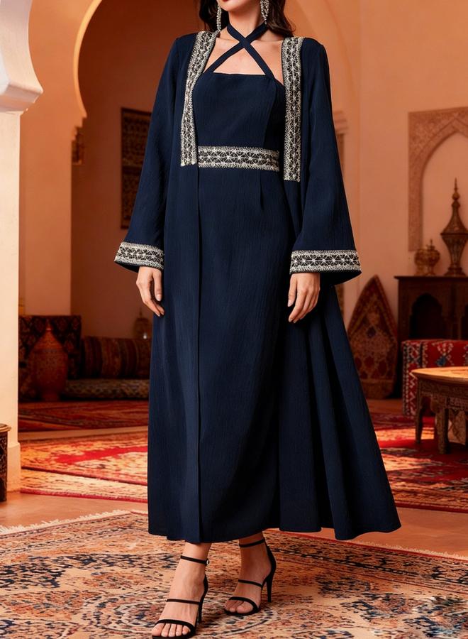 Take Two Navy Blue Embroidered Abaya with Dress Modest Set - Image 2