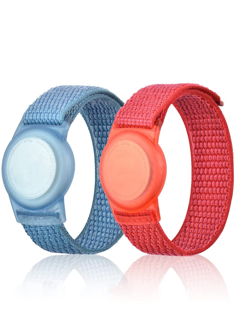 KASTWAVE 2 Piece AirTag Kids Wristband with Adjustable Nylon Strap GPS Tracker Holder Protector Breathable Anti-Loss Bracelet for Toddler Child Elderly (Blue, Red) - Image 1
