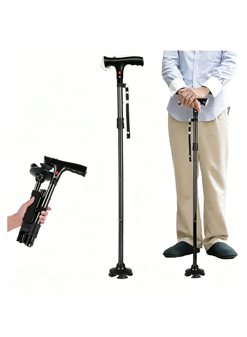 Arabest Folding Cane with Led Light, Adjustable Canes and Walking Sticks for Seniors, Walking Cane Stick for Men and Women with Handle and Pivoting Quad Base for Arthritis Disabled and Elderly - Image 1
