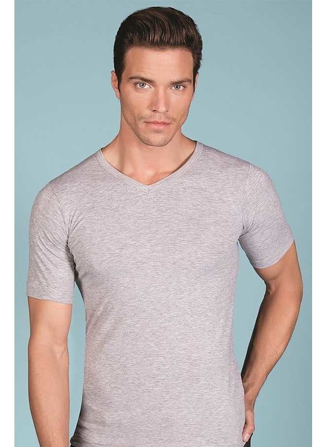 Berrak Clear V Neck Lycra Single Jersey Combed Cotton Men's Athlete - 1027-GRI 