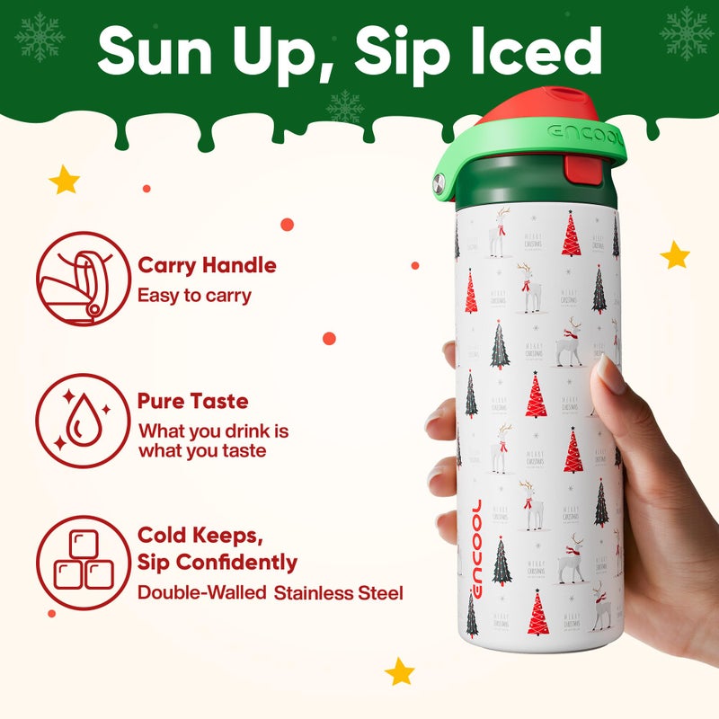 ENCOOL Christmas SwiftSip Insulated Water Bottle with Straw, Stainless Steel Water Bottle, Leak Proof BPA-Free, Keeps Cold for 24 Hours for Sports, Christmas Holiday Gifts for Women, 24oz, Nordic Noel - Image 3