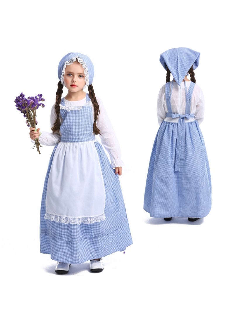 European Countryside Style Flower Shop Girl Blue Plaid Dress with Hat & Apron, Girls School Play Stage Performance Costume Set