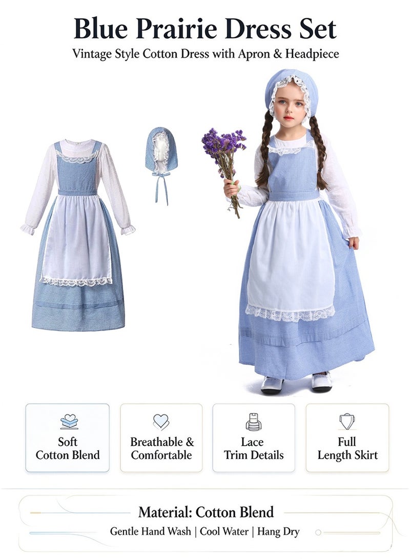 VUCATIN European Countryside Style Flower Shop Girl Blue Plaid Dress with Hat & Apron, Girls School Play Stage Performance Costume Set - Image 3