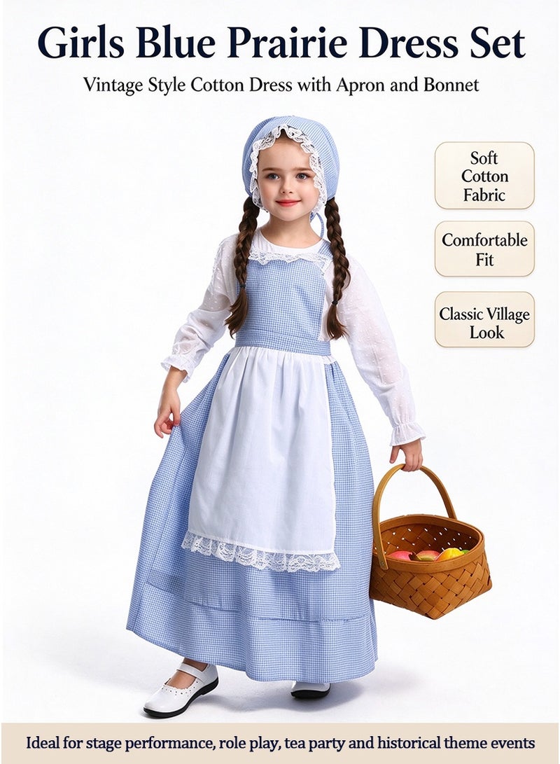 VUCATIN European Countryside Style Flower Shop Girl Blue Plaid Dress with Hat & Apron, Girls School Play Stage Performance Costume Set - Image 2