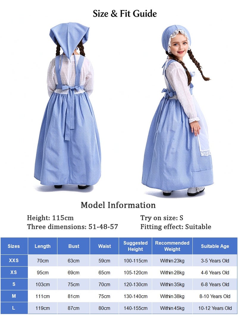 VUCATIN European Countryside Style Flower Shop Girl Blue Plaid Dress with Hat & Apron, Girls School Play Stage Performance Costume Set - Image 4
