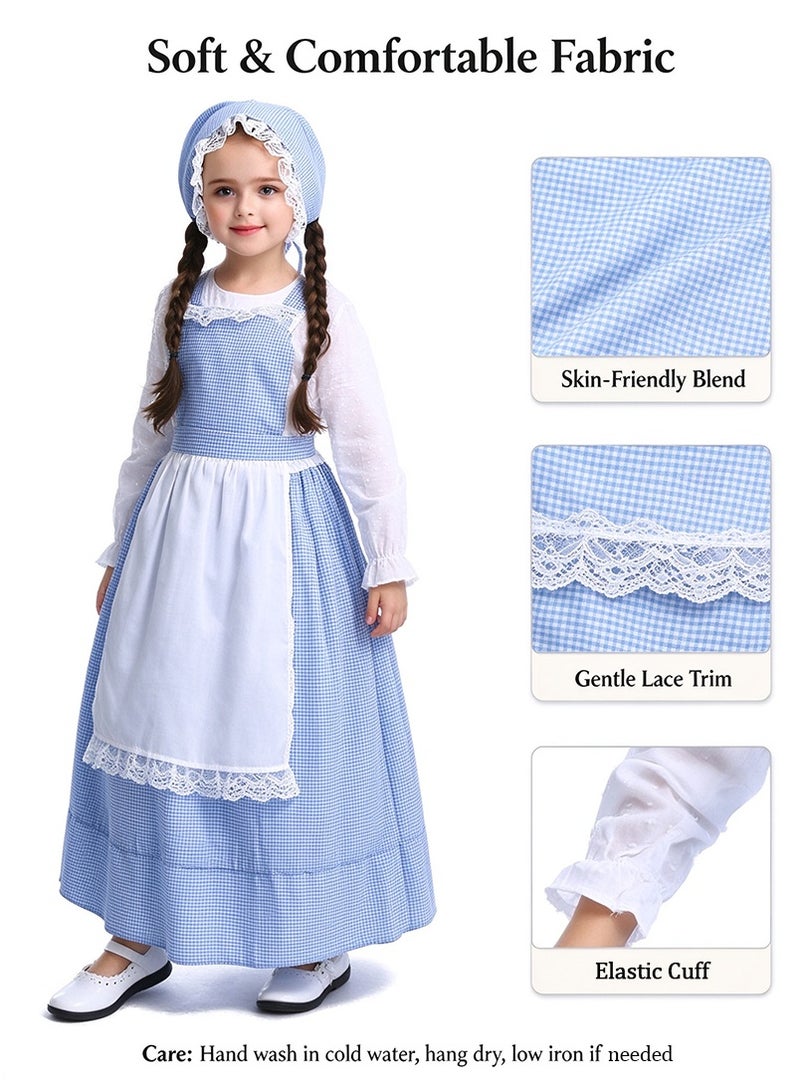 VUCATIN European Countryside Style Flower Shop Girl Blue Plaid Dress with Hat & Apron, Girls School Play Stage Performance Costume Set - Image 5