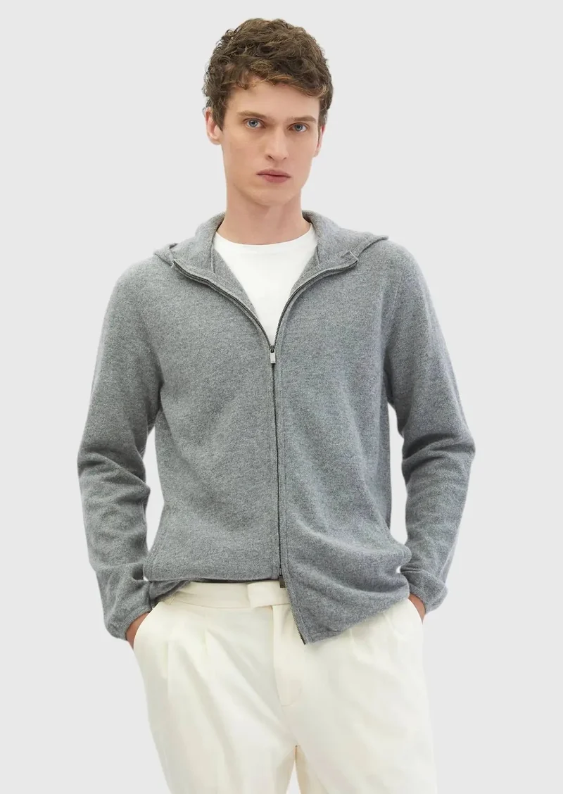 RAMSEY Grey Hooded Plain Knitting 100% Wool Cardigan