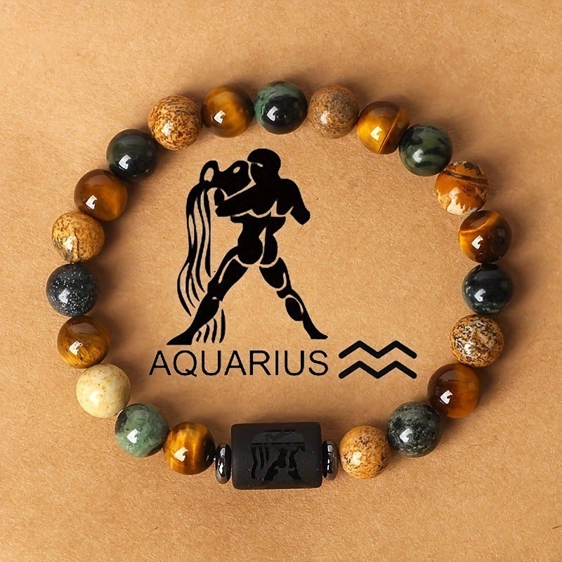 12 Zodiac Sign Bracelet with 8mm Tiger Eye Stone - Handmade Natural Beaded Charm