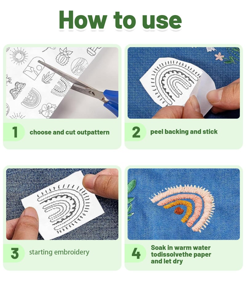 RupeeRise Embroidery Stickers for Stitching, Easy to Use for Beginners, Adhesive Backing for Fabric Decoration and Handmade Gifts, Water Soluble Paper for Embroidery, DIY Floral and Leaf Designs - Image 4