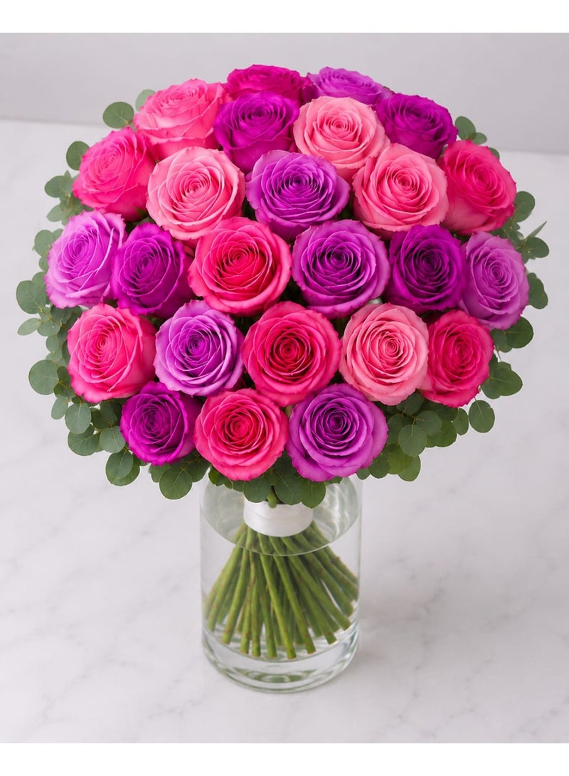 CRESCENT Flowers 20 Stem Pink and Purple Fresh Rose Vase Arrangement with Eucalyptus and White Ribbon - Image 1