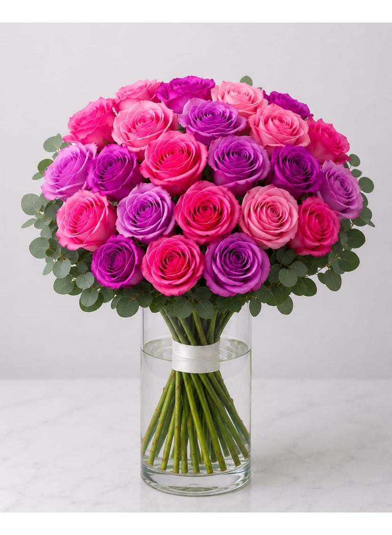 CRESCENT Flowers 20 Stem Pink and Purple Fresh Rose Vase Arrangement with Eucalyptus and White Ribbon - Image 2