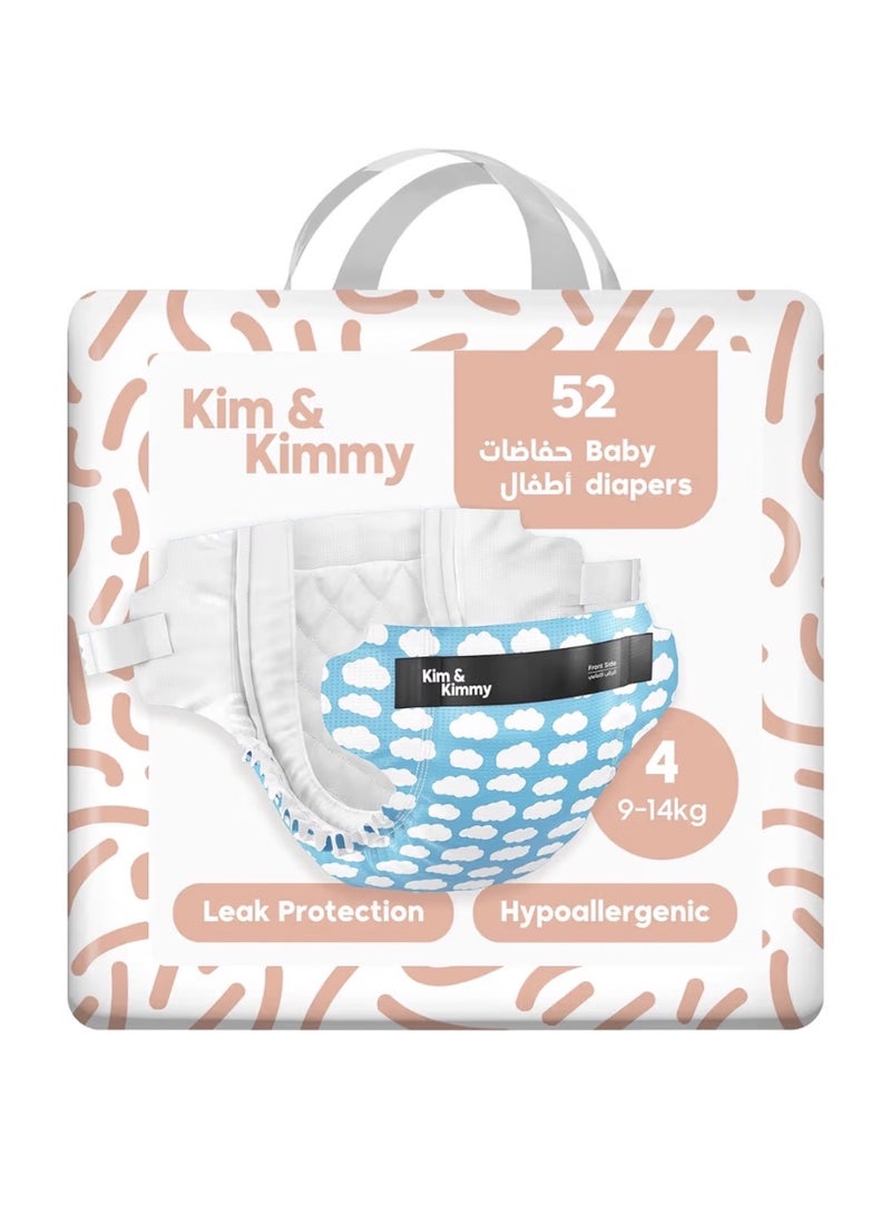 كيم آند كيمي حفاضات "كيم آند كيمي" الصديقة للبيئة - مقاس 4 (9-14 كجم) - 52 حفاضاً | حماية من التسرب لمدة 12 ساعة - تمنع الطفح الجلدي - لا تسبب الحساسية - فائقة النعومة وعالية الامتصاص - خالية من القسوة ونباتية - "غيوم صغيرة" - Image 1