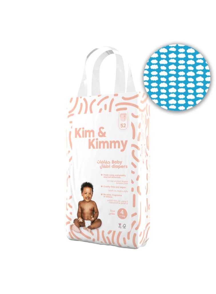 Kim & Kimmy Eco Diapers, Size 4, 9-14 kg, 52 Diapers - 12 Hour Leak Protection, No Rashes, Hypoallergenic, Ultra-Soft & Highly Absorbent - Cruelty Free & Vegan - Little Clouds - Image 1