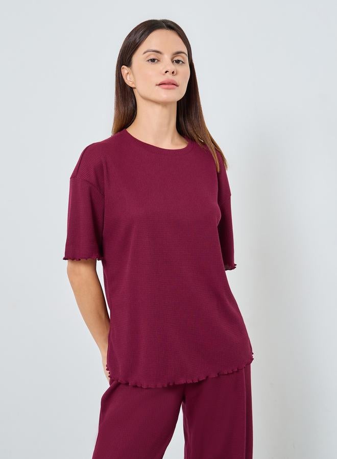 Styli Waffle Knit Lettuce Hem Drop Shoulder T-Shirt and Pyjama Set - Image 2