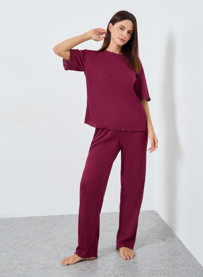 Styli Waffle Knit Lettuce Hem Drop Shoulder T-Shirt and Pyjama Set - Image 1