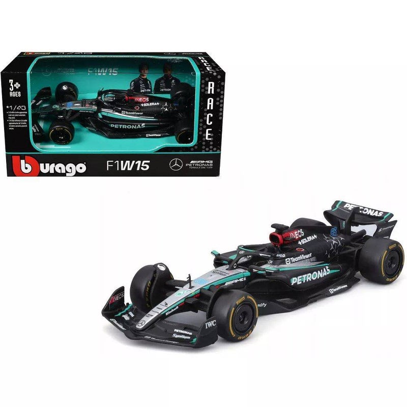 Bburago سيارة ببراغو سباق F1 2024 مرسيدس- AMG بتروناس F1 W15 #63 جورج راسل مصنوعة من الصب (1:43، أسود) - Image 1