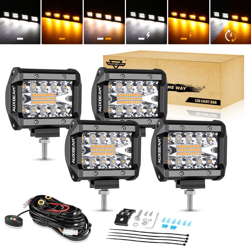 Auxbeam 4 Inch 240W LED Pods, Amber White Fog Light 6 Modes Strobe Lights for Work Truck, Dual Color Combo Offroad Driving Light for Jeep ATV Utv Car, 4 Packs - Image 1