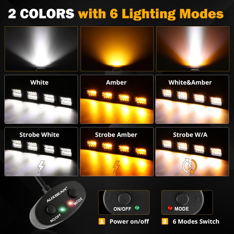 Auxbeam 4 Inch 240W LED Pods, Amber White Fog Light 6 Modes Strobe Lights for Work Truck, Dual Color Combo Offroad Driving Light for Jeep ATV Utv Car, 4 Packs - Image 3