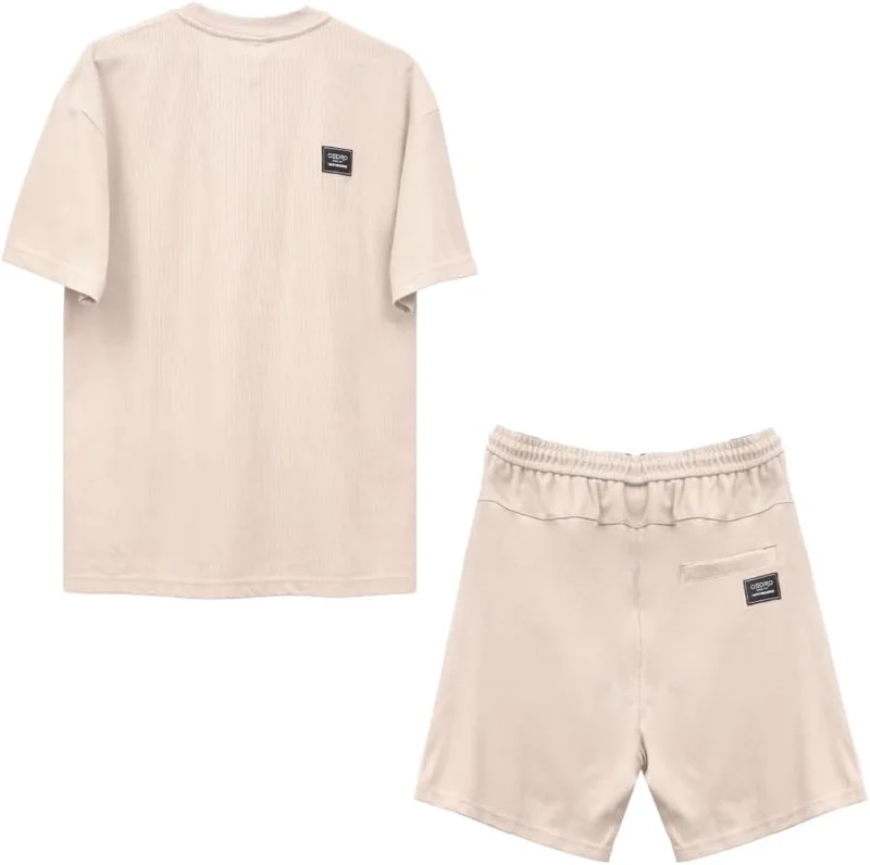 سيدرو Cedro Men's Oversize Logo Tee & Shorts Set in Beige Blue