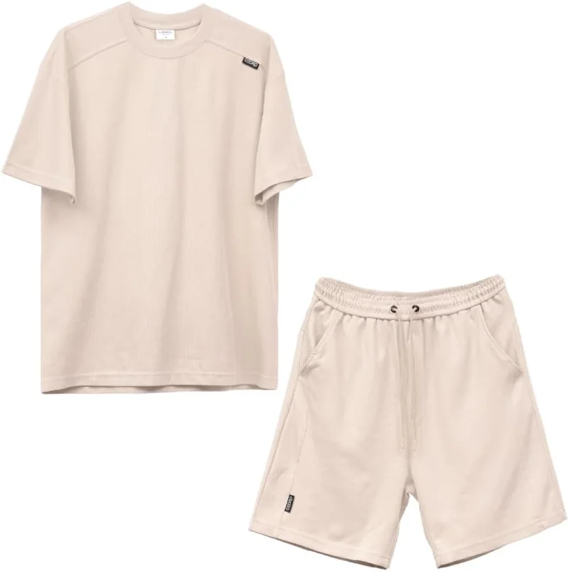 سيدرو Cedro Men's Oversize Logo Tee & Shorts Set in Beige Blue