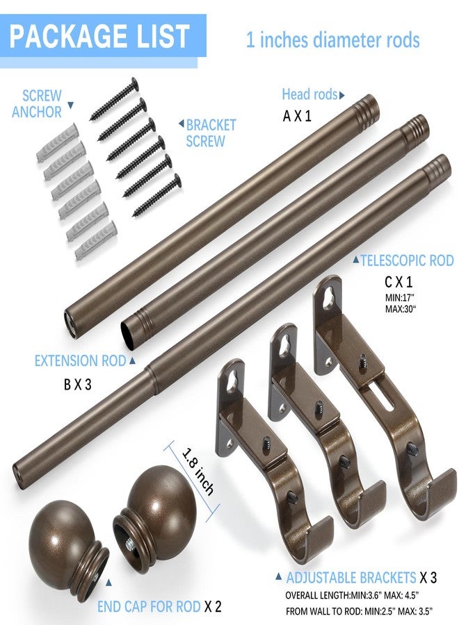 AMZSEVEN Curtain Rods for Windows 16 to 76 Inches, Curtain Rod Max Adjustable Length of 88 IN, 1" Diameter Drapery Rods Round Finials, Brown, Pack of 1 - Image 3