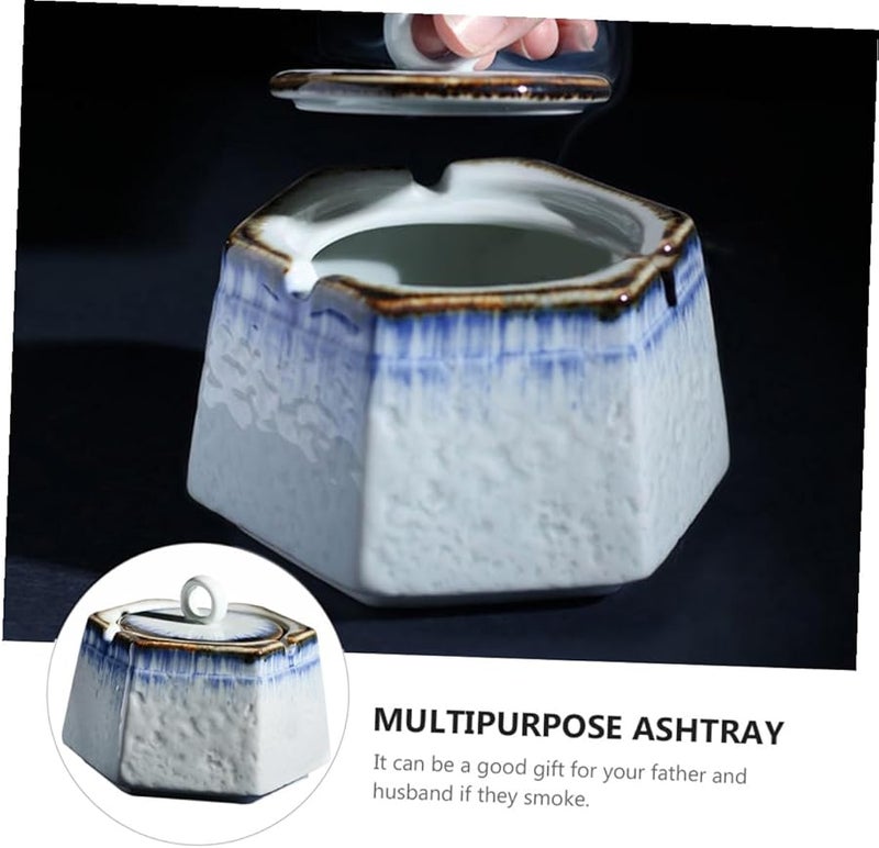 Heat Resistant Ceramic Ashtray with Lid Windproof Indoor Outdoor Use Storage Tray - Image 4