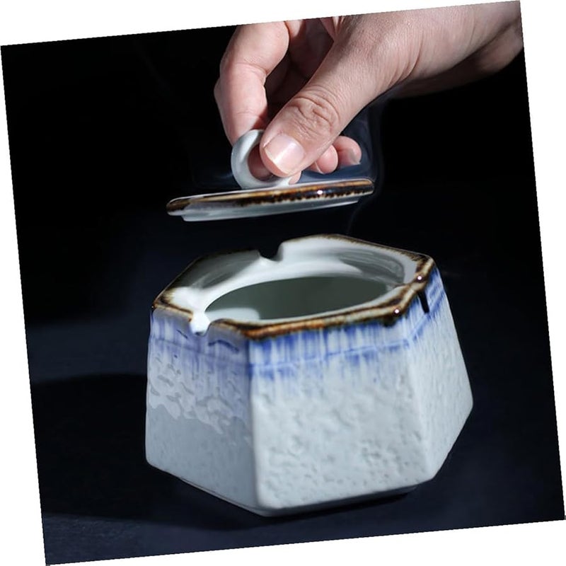 Heat Resistant Ceramic Ashtray with Lid Windproof Indoor Outdoor Use Storage Tray - Image 3
