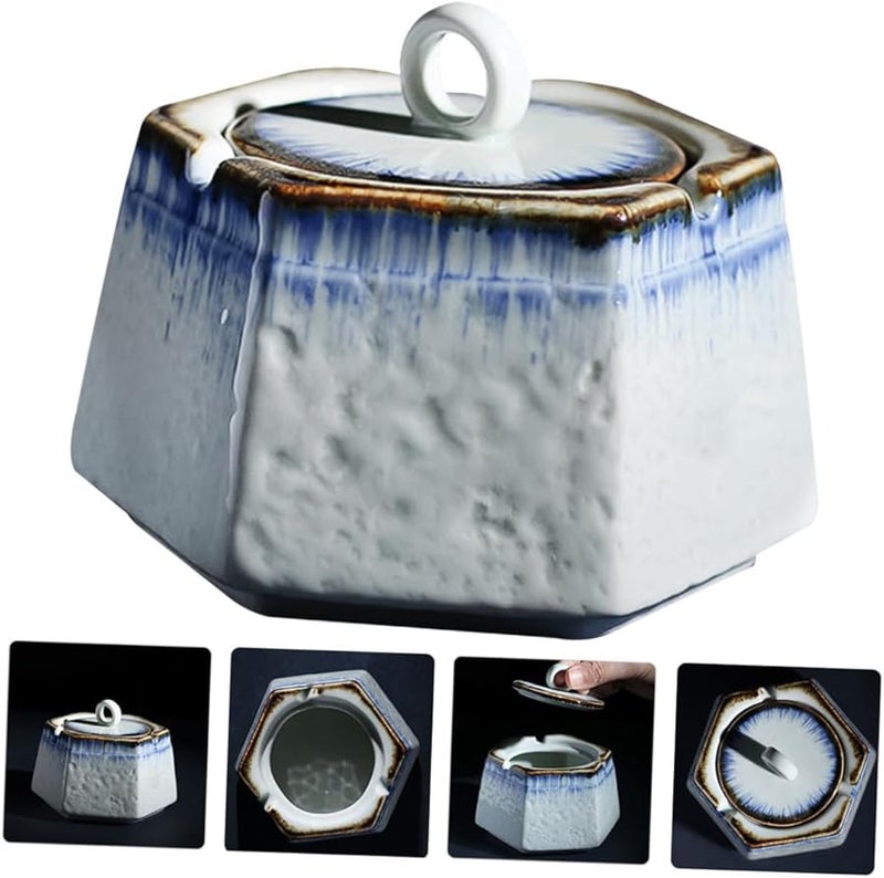 Heat Resistant Ceramic Ashtray with Lid Windproof Indoor Outdoor Use Storage Tray - Image 5