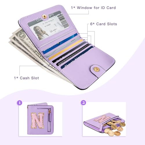 COSHAYSOO Preppy Wallet Gifts for Teen Girls Women Small Wallet RFID Bifold PU Leather Christmas Valentines Easter Mothers Fathers Day Nurse Appreciation Graduation Gifts Chenille Letter N Purple - Image 4
