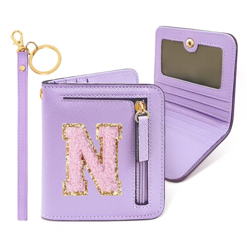 COSHAYSOO Preppy Wallet Gifts for Teen Girls Women Small Wallet RFID Bifold PU Leather Christmas Valentines Easter Mothers Fathers Day Nurse Appreciation Graduation Gifts Chenille Letter N Purple - Image 1