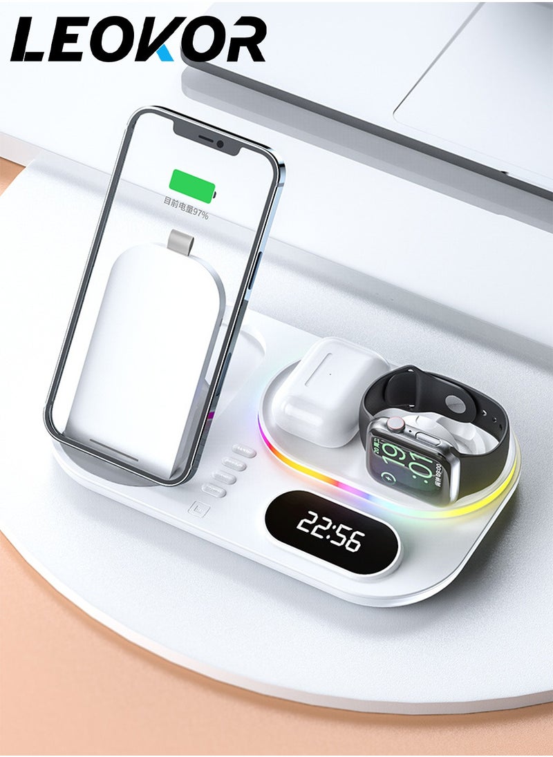 LEOKOR 4-in-1 Wireless Charging Station,Uitable for IPhone/Watch/Earphone Wireless Charger,Fast 15W with Alarm Clock,RGB Lamp Wireless Charging Stand(White)  - Image 1