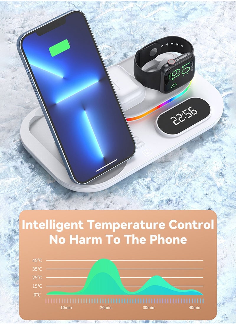 LEOKOR 4-in-1 Wireless Charging Station,Uitable for IPhone/Watch/Earphone Wireless Charger,Fast 15W with Alarm Clock,RGB Lamp Wireless Charging Stand(White)  - Image 4
