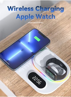 ليوكور قاعدة شحن لاسلكية 4 في 1، مناسبة لشاحن iPhone/الساعة/سماعات الأذن اللاسلكي، سريع 15 وات مع ساعة منبه، حامل شحن لاسلكي بمصباح RGB (أبيض)  - Image 5