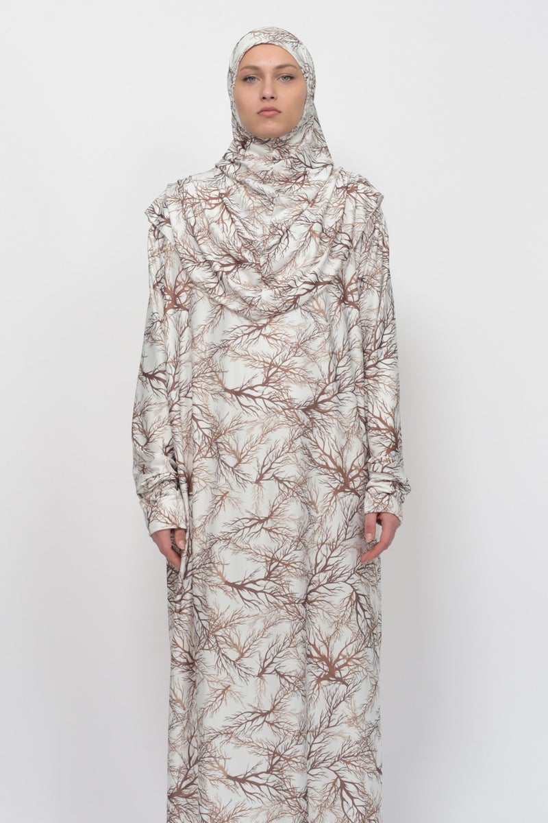 Altobeh Practical One Piece Tree Patterned Sleeves Removable Headscarf Lycra Hijab Prayer Dress 990-0706  - Image 3