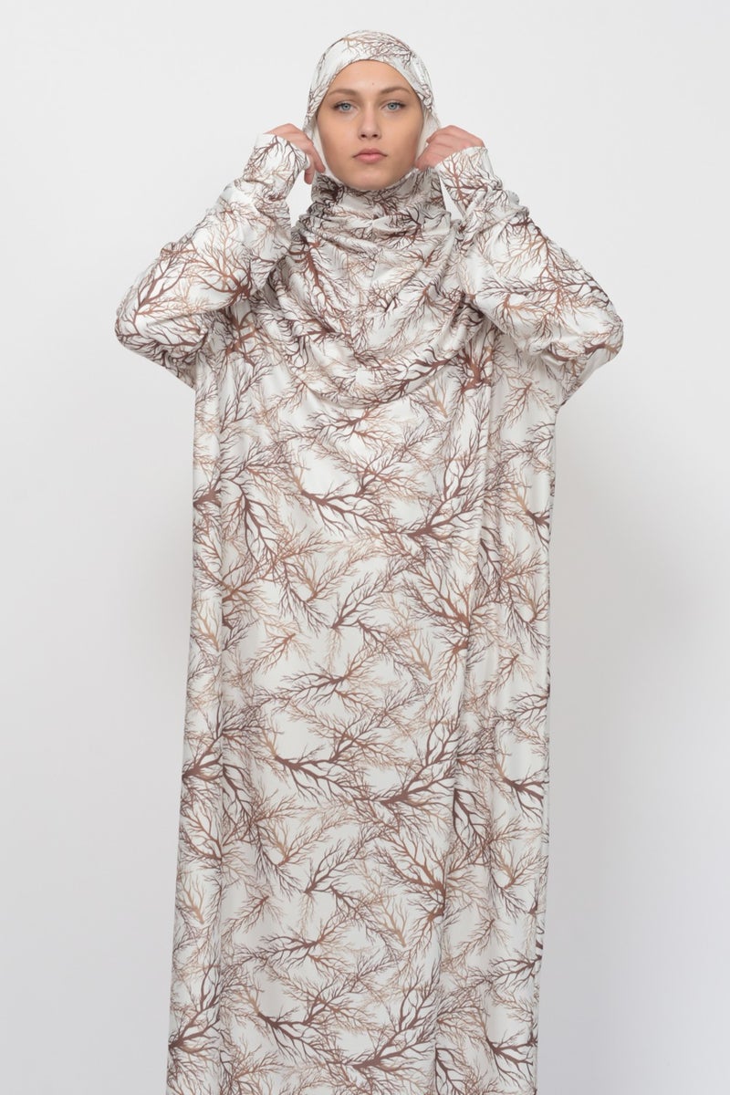 Altobeh Practical One Piece Tree Patterned Sleeves Removable Headscarf Lycra Hijab Prayer Dress 990-0706  - Image 5