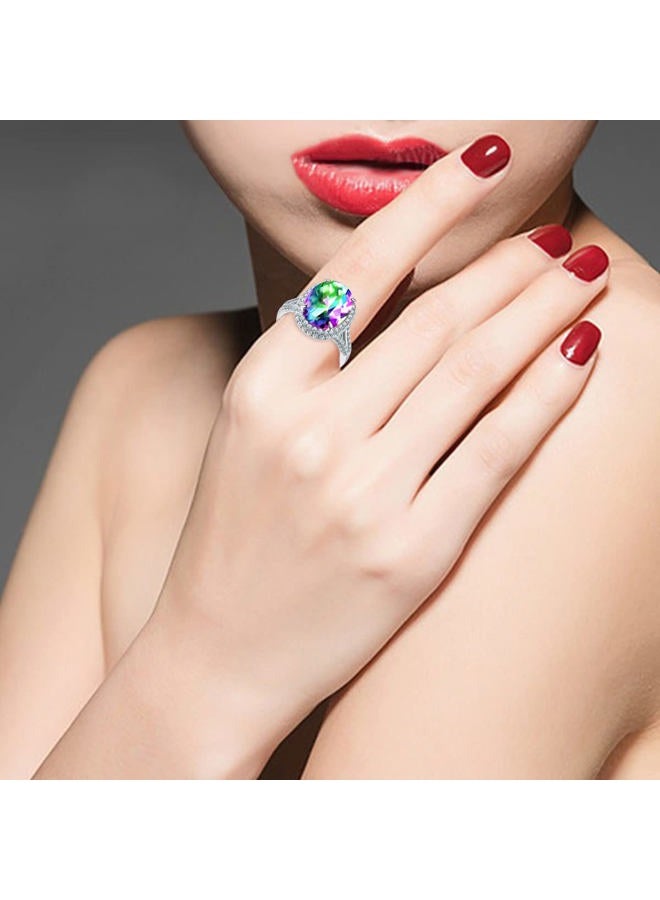 Uloveido Platinum Plated Big Stone Oval Engagement Promise Rings, Multicolor CZ Crystal Split Shank Ring Adjustable Y927 (Split shank-Multi) - Image 2