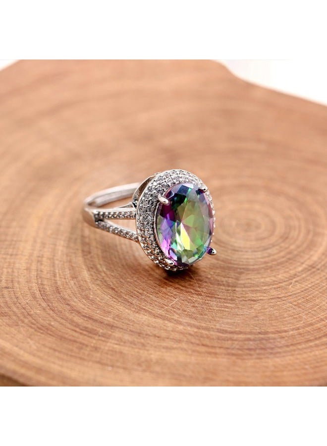 Uloveido Platinum Plated Big Stone Oval Engagement Promise Rings, Multicolor CZ Crystal Split Shank Ring Adjustable Y927 (Split shank-Multi) - Image 3