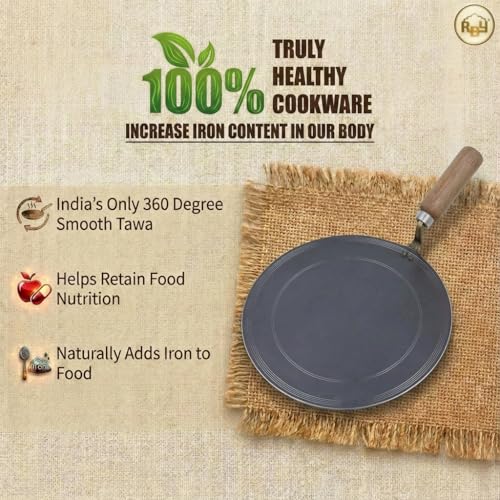 RBY Food Grade Iron Dosa Tawa 12 Inch Heavy Base Lohe Ka Tava Pre-Seasoned Flat Pan Metal Spoon Friendly for Dosa Chilla Chapati Uttapam - Image 5