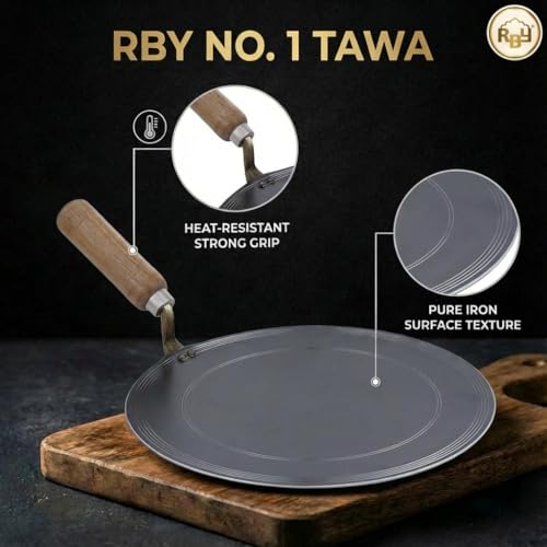 RBY Food Grade Iron Dosa Tawa 12 Inch Heavy Base Lohe Ka Tava Pre-Seasoned Flat Pan Metal Spoon Friendly for Dosa Chilla Chapati Uttapam - Image 3