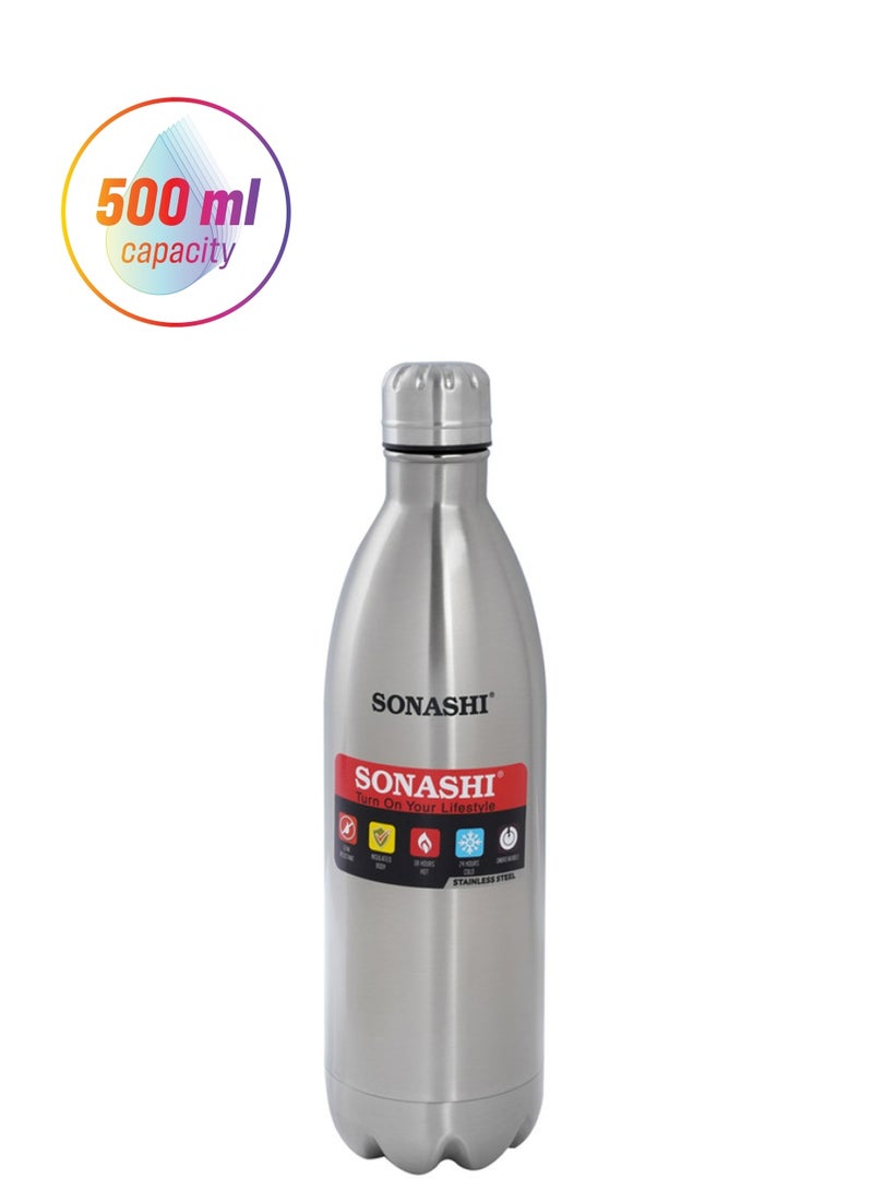 SONASHI 500ML Flask Bottle  Hot And Cold Beverages  Stainless Steel Body with Double Wall Insulation  Unbreakable and Easy to Clean Bottles for Daily Use  Portable Friendly Silver 0.5Liters SVB-502 Silver/Black 0.5Liters - Image 1