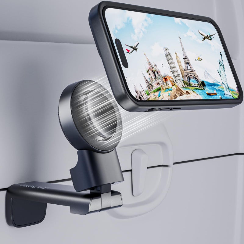 MiiKARE Travel Essentials Magnetic Airplane Phone Holder, Universal Handsfree Phone Mount for Flying with 360 Degree Rotation, Travel Must Haves Phone Stand for Desk, Tray Table, Black - Image 1