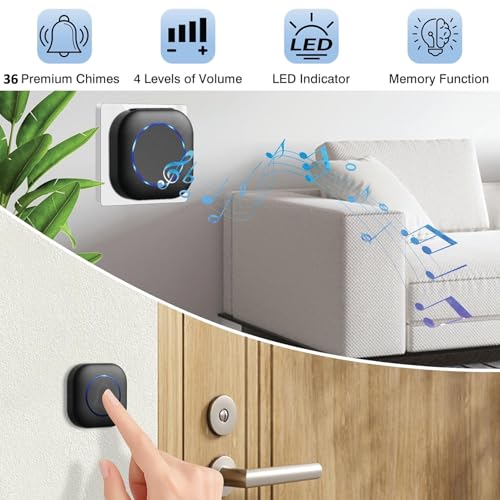 US1984 Wireless Door Bell Kits for Home and Office, Small Calling Bell for Office, Upto 1000 Feet Range with 36 Melodies Chimes, LED Flash, 3 Level Volume Doorbell Alarm (Transmitter & Receiver) - Image 2