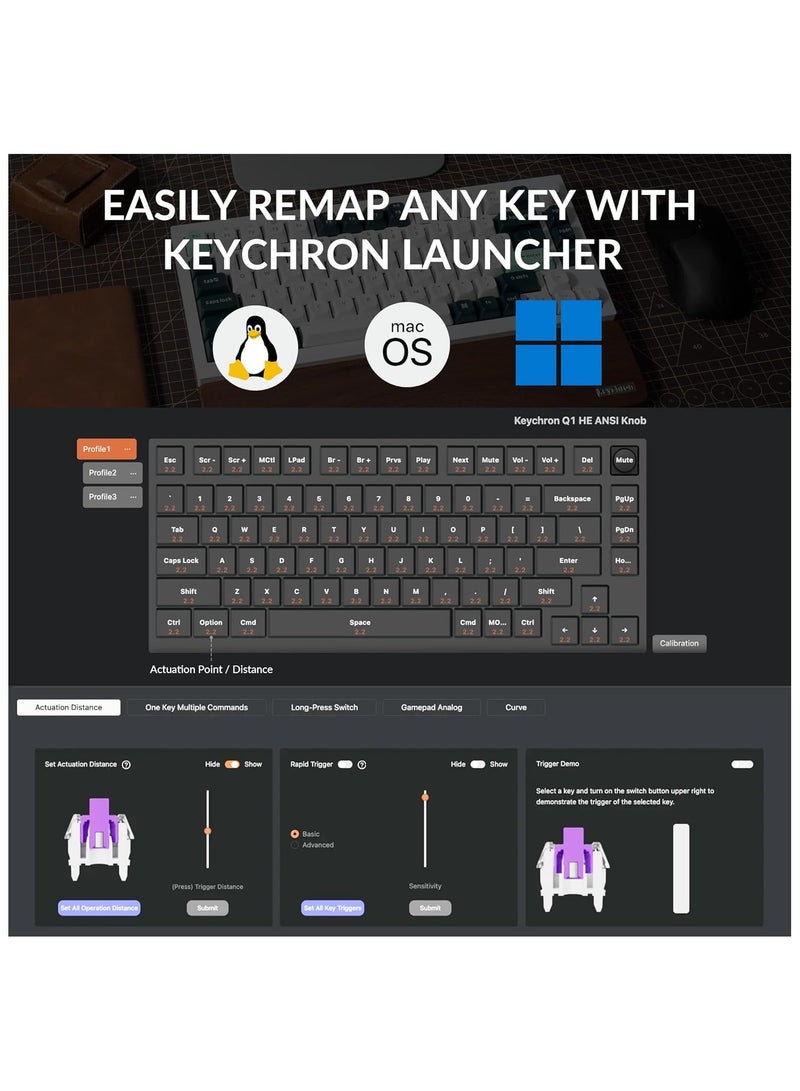 Keychron Q1 HE 75% layout 2.4 GHz QMK Wireless Custom Keyboard Hot swappable Gateron double rail magnetic switches Bluetooth USB-C wired Double shot PBT Keycaps RGB Backlight Knob version Compatible with Mac & Windows  - Image 3